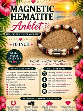 30.  Magnetic Hematite Anklet - Black, Rose & Pearl